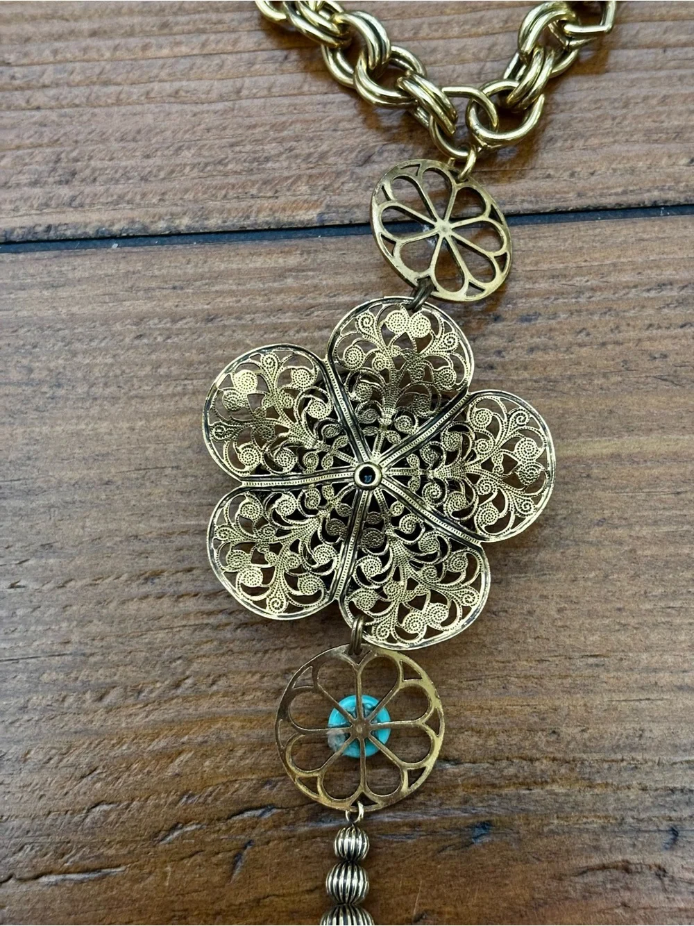Gold-Tone Floral Filigree Pendant Necklace with Purple and Blue Accents